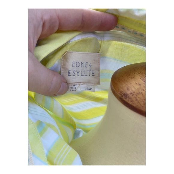 Esme & Esyllte Anthro Blouse Shirt Cotton Lace Stripes Sz 8 Yellow White - Picture 2 of 9